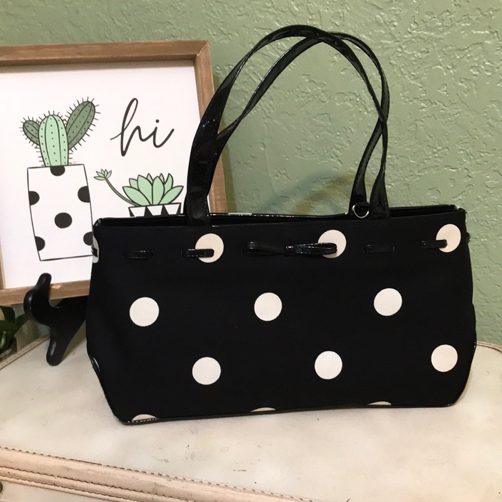 Black & White fun Coin Dot sturdy Cloth Handbag with Patent Leather accents.